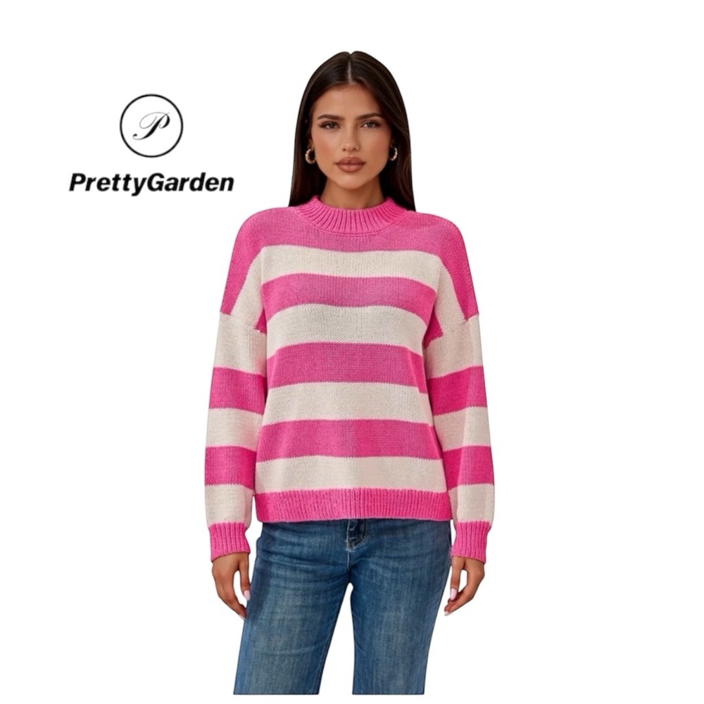 PrettyGarden Women's Bold Pink and White Striped Sweater